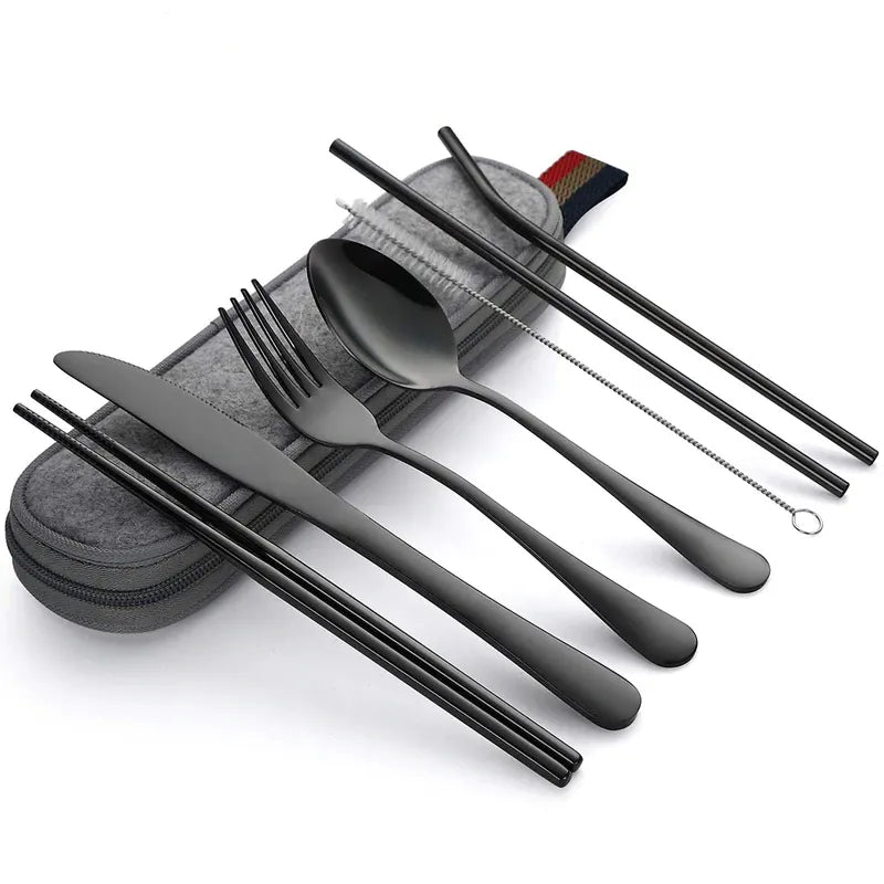 Conjunto de Talheres de Luxo para Camping - Aço Inox Resistente para Refeições Práticas e Elegantes - Decora Byte