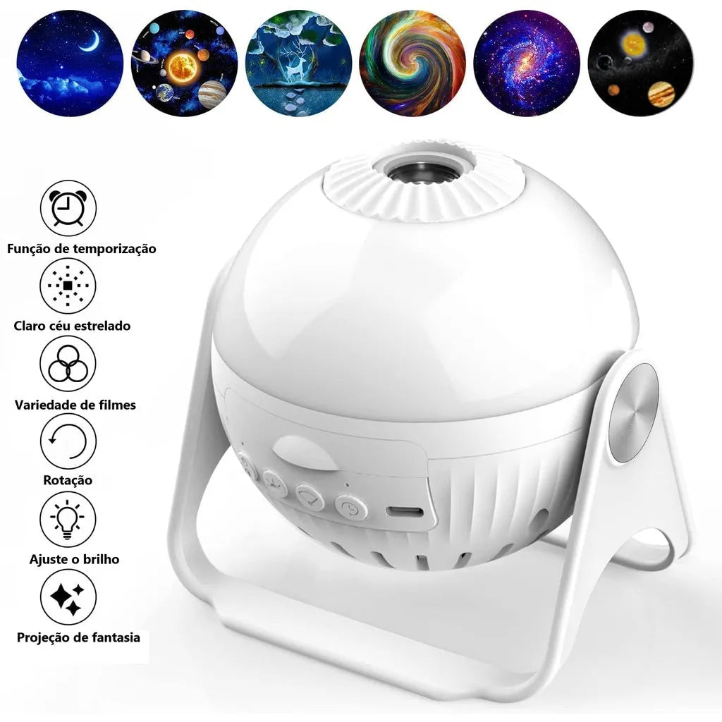 Luminária de Estrelinhas e Galáxias 7 Modos LED 360° - Projeção Giratória com Efeito Cromoterapia - Decora Byte