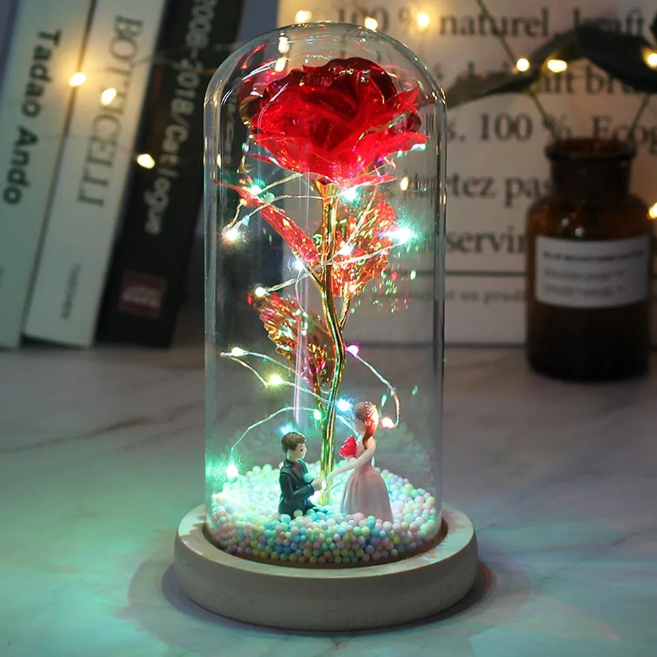 Rosa Encantada Love LED - Presente Único e Decorativo na Cúpula de Vidro