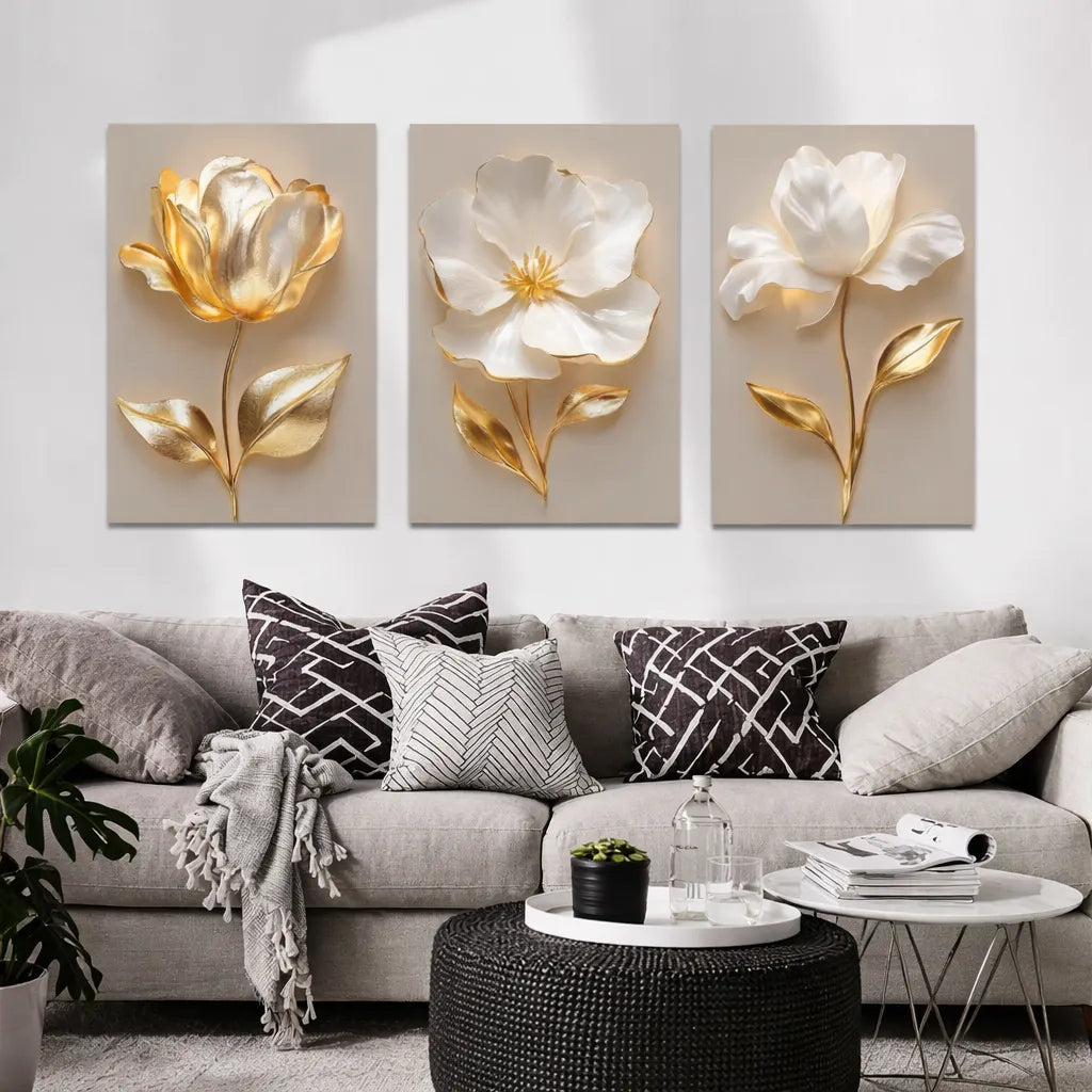 Quadros Decorativos 3 Peças Floral Dourado 3D