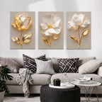 Quadros Decorativos 3 Peças Floral Dourado 3D