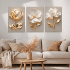 Quadros Decorativos 3 Peças Floral Dourado 3D