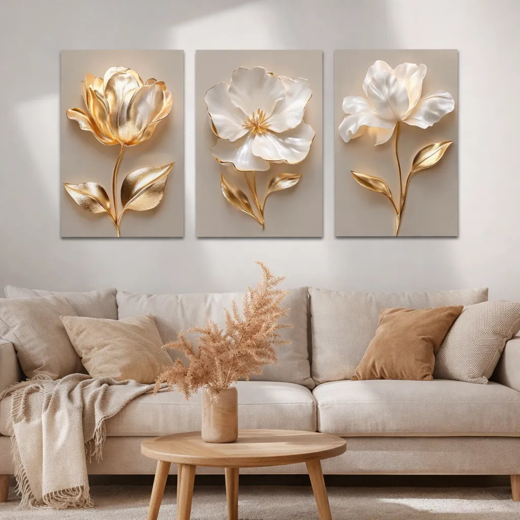 Quadros Decorativos 3 Peças Floral Dourado 3D