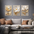 Quadros Decorativos 3 Peças Floral Dourado 3D