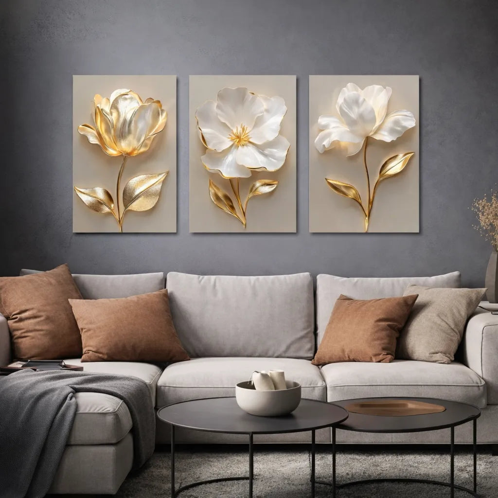 Quadros Decorativos 3 Peças Floral Dourado 3D