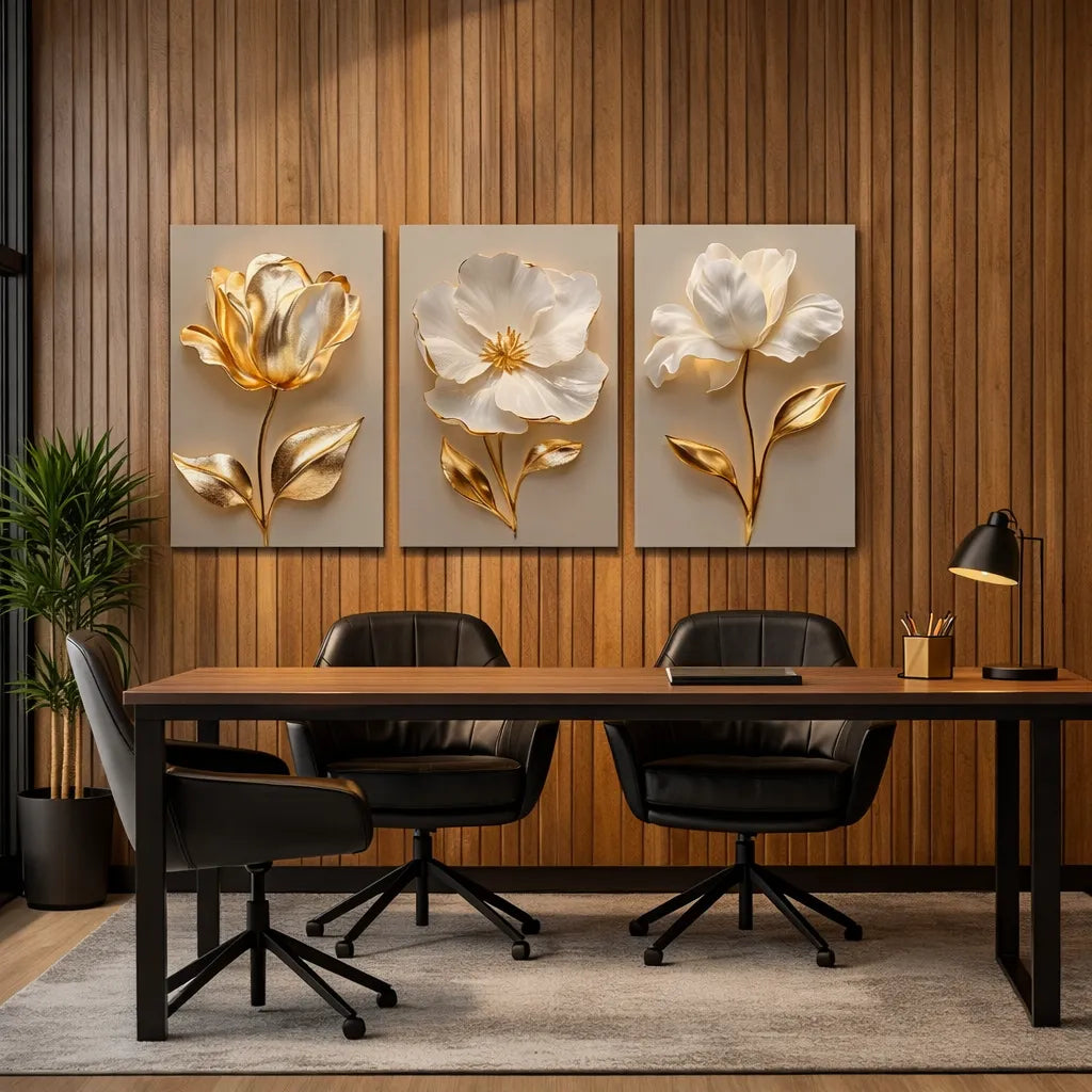 Quadros Decorativos 3 Peças Floral Dourado 3D