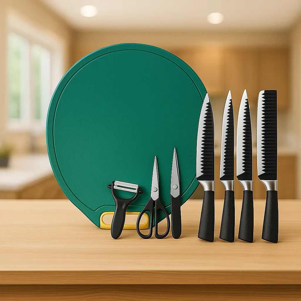Kit Tábua Antibacteriana + 6 Facas Afiadas – Corte Profissional e Cozinha Higienizada
