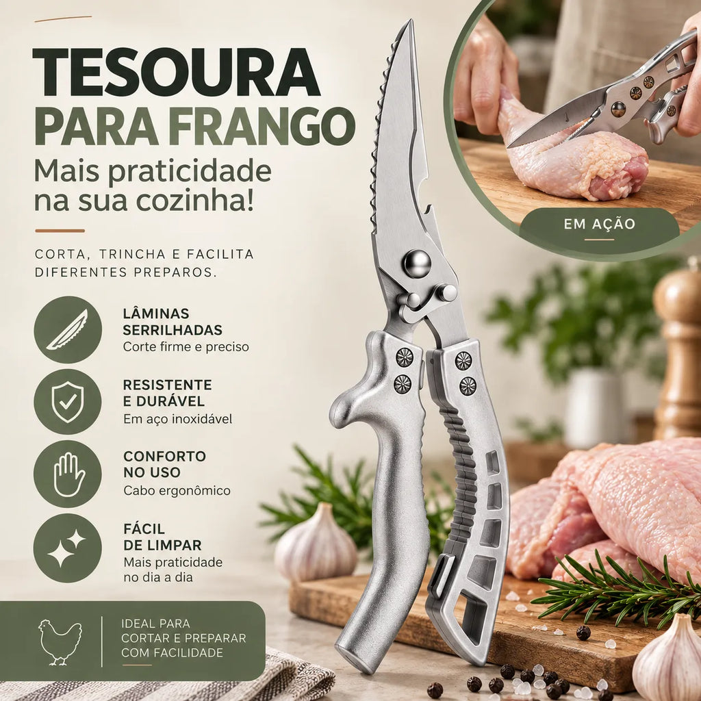 Tesoura de Cozinha Multifuncional em Aço Inox 6 em 1
