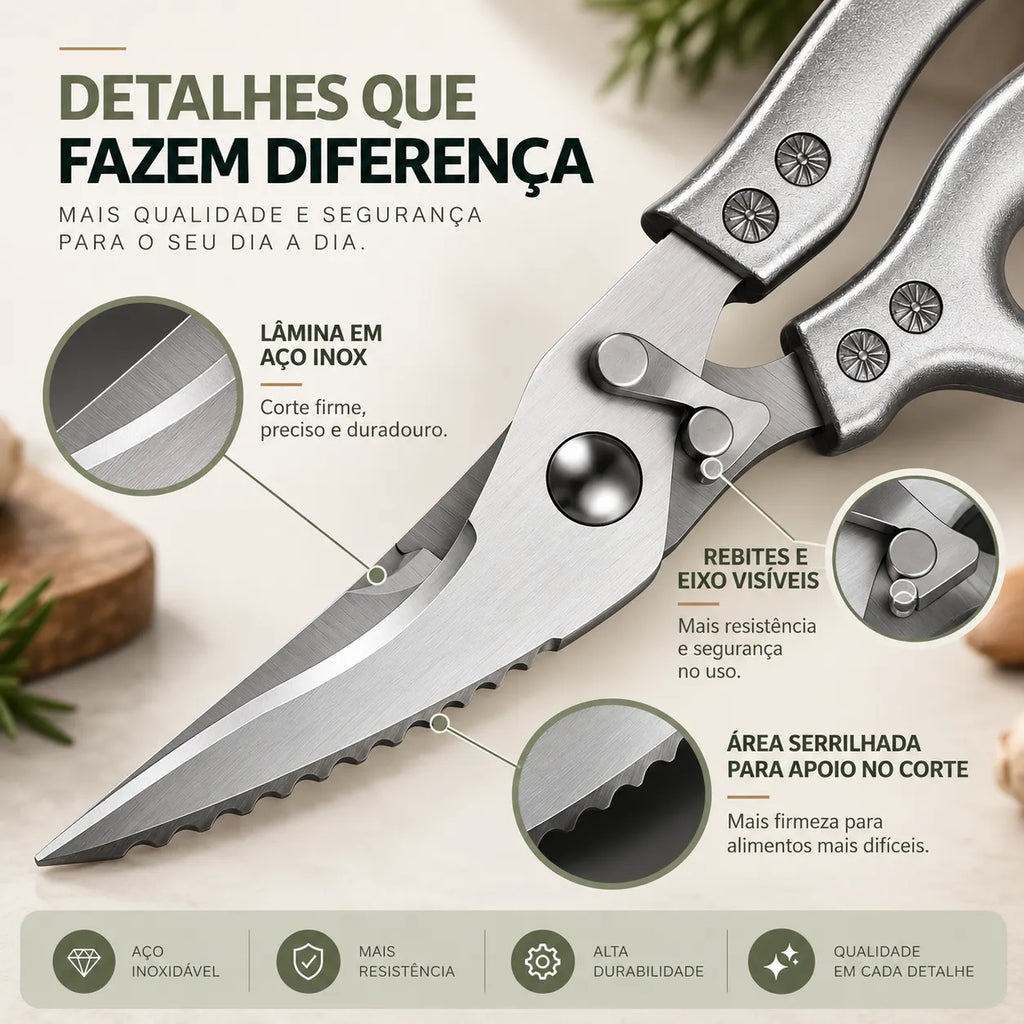 Tesoura de Cozinha Multifuncional em Aço Inox 6 em 1