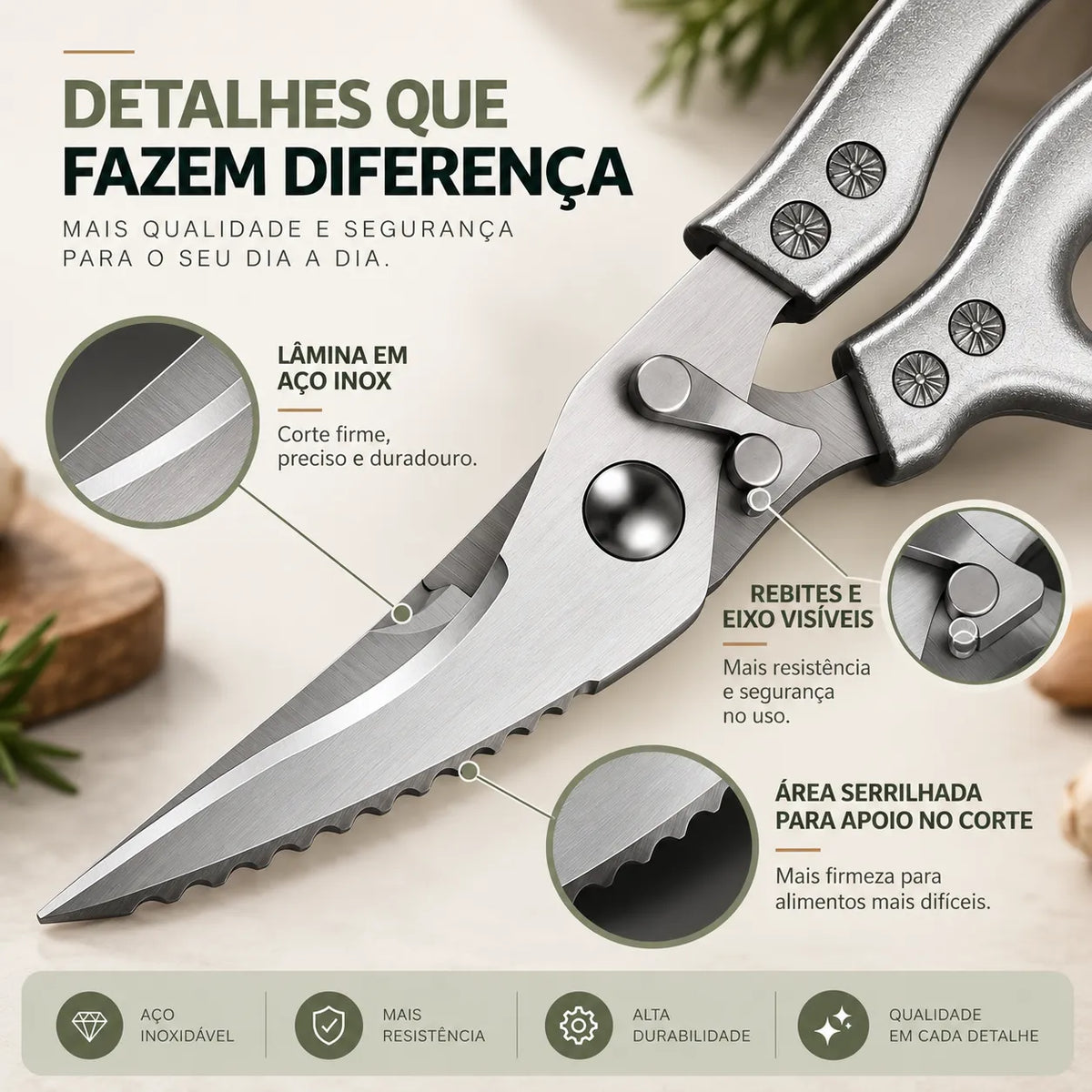 Tesoura de Cozinha Multifuncional em Aço Inox 6 em 1