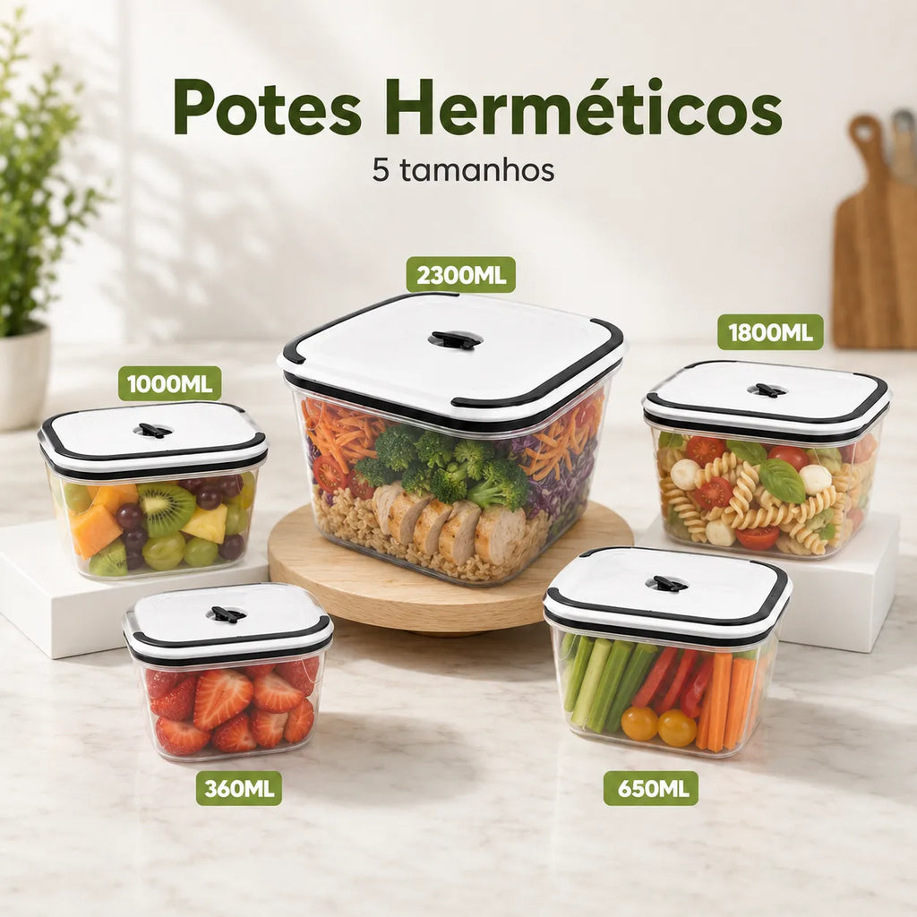 Kit de 5 Potes Herméticos com Vedação a Vácuo – Organização e Frescor Garantidos!