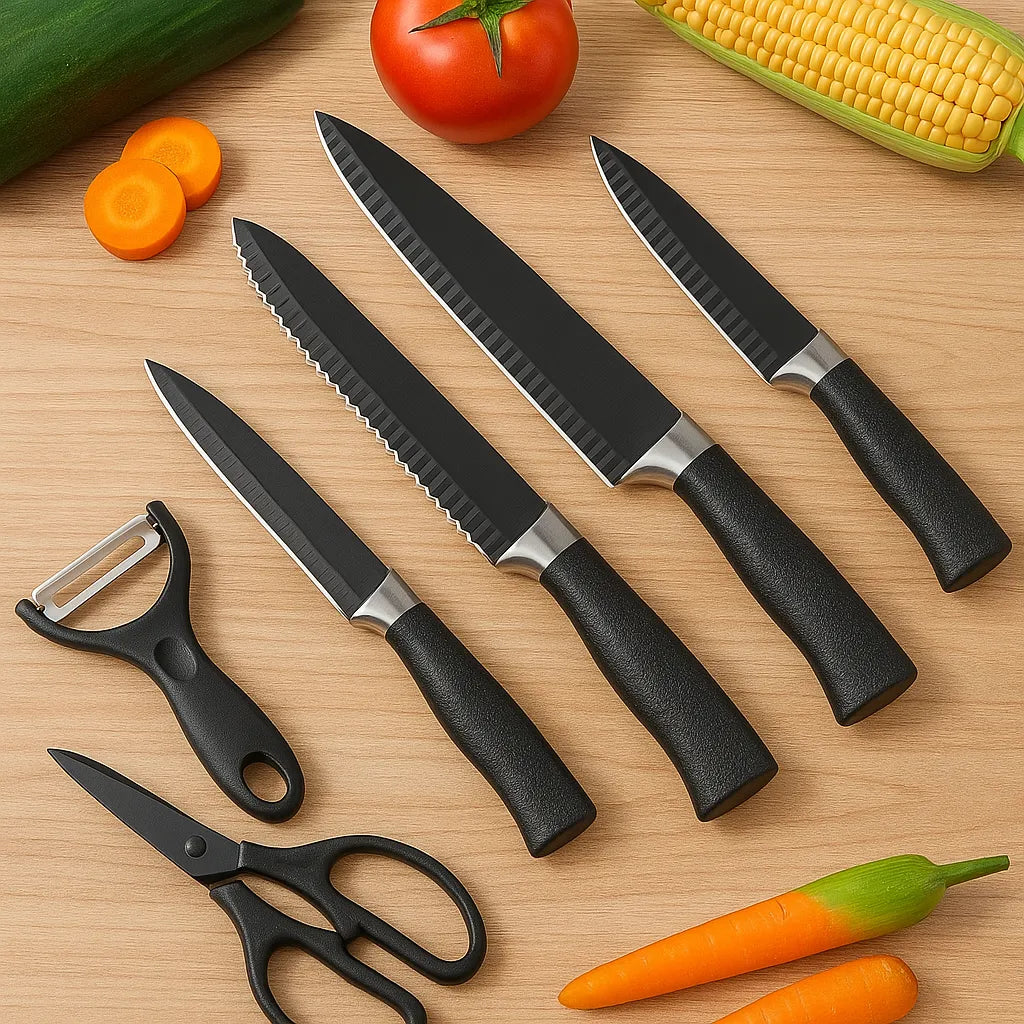 Kit Tábua Antibacteriana + 6 Facas Afiadas – Corte Profissional e Cozinha Higienizada