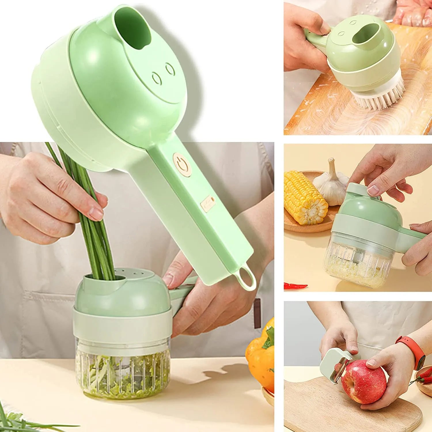 Triturador Multifuncional 4 em 1 - Cortador, Triturador, Descascador e Escova Elétrica - Lâminas de Aço Inox 304 e Motor Potente 40W - Decora Byte