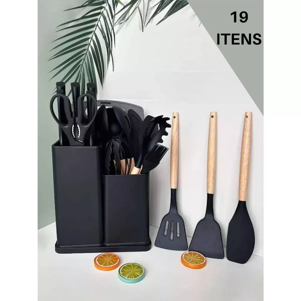 Kit Utensílios de Cozinha Silicone 19 Peças com Facas