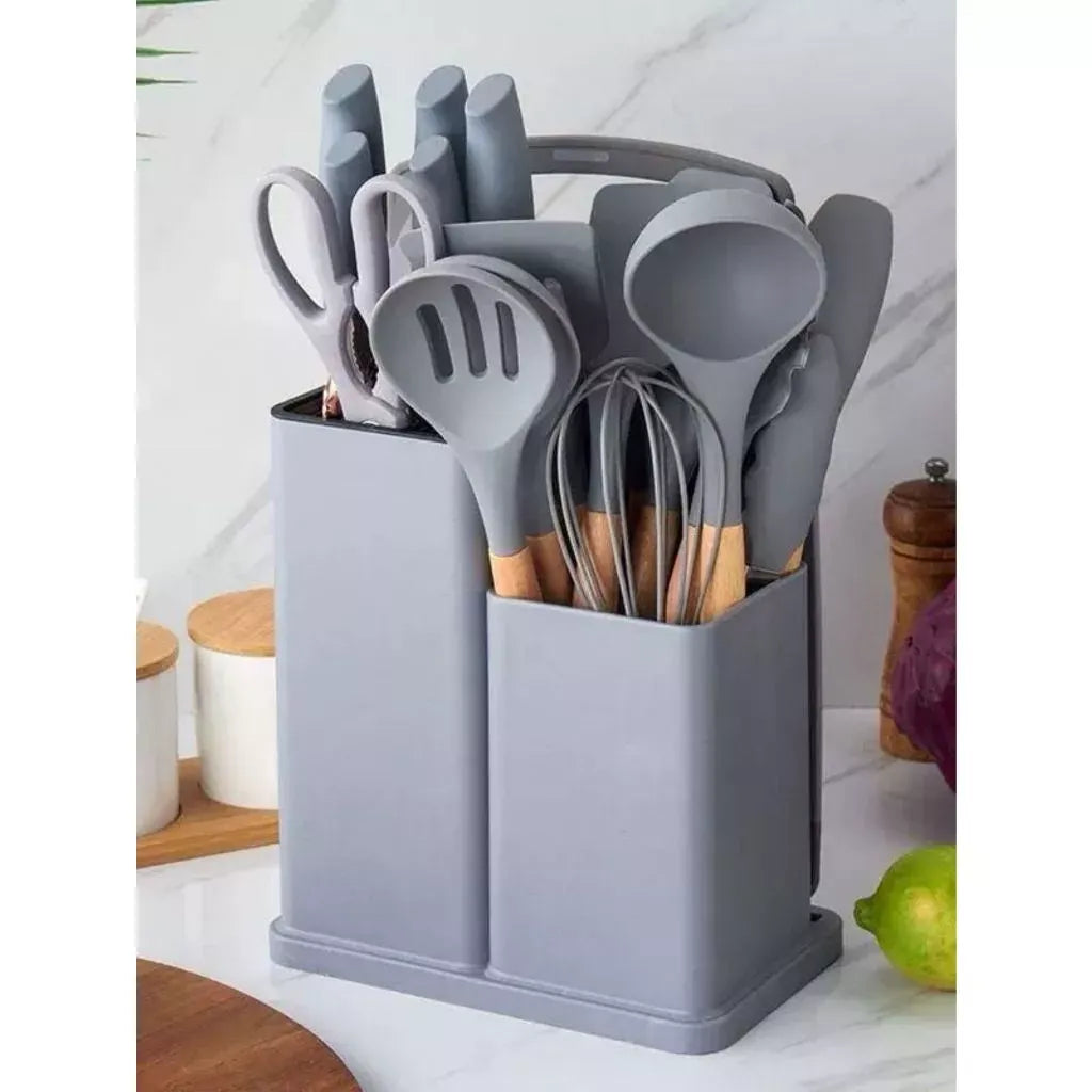 Kit Utensílios de Cozinha Silicone 19 Peças com Facas