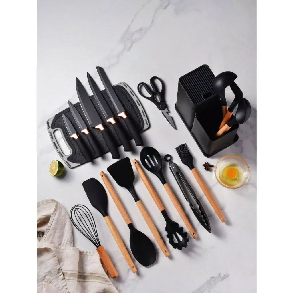 Kit Utensílios de Cozinha Silicone 19 Peças com Facas