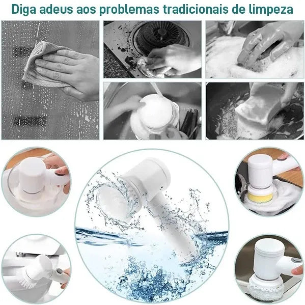 FlashClean Pro 5 em 1 - Escova Elétrica Sem Fio para Limpeza Rápida e Eficiente com 5 Cabeças Intercambiáveis - Decora Byte