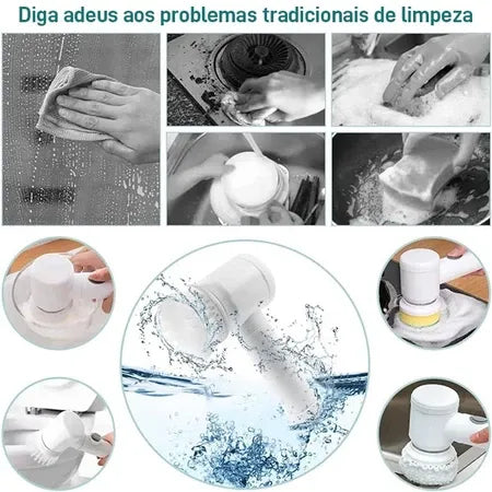 FlashClean Pro 5 em 1 - Escova Elétrica Sem Fio para Limpeza Rápida e Eficiente com 5 Cabeças Intercambiáveis - Decora Byte