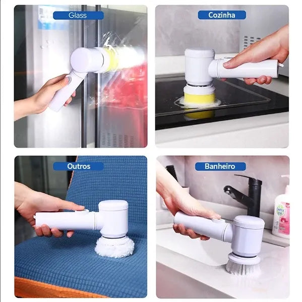 FlashClean Pro 5 em 1 - Escova Elétrica Sem Fio para Limpeza Rápida e Eficiente com 5 Cabeças Intercambiáveis - Decora Byte