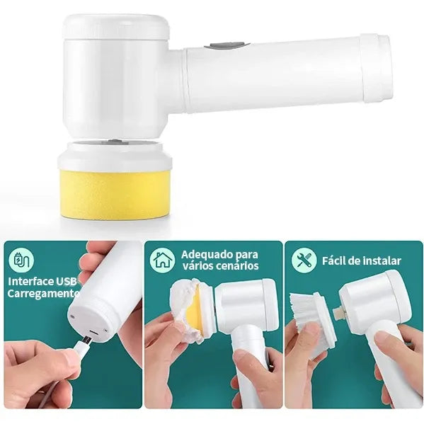 FlashClean Pro 5 em 1 - Escova Elétrica Sem Fio para Limpeza Rápida e Eficiente com 5 Cabeças Intercambiáveis - Decora Byte