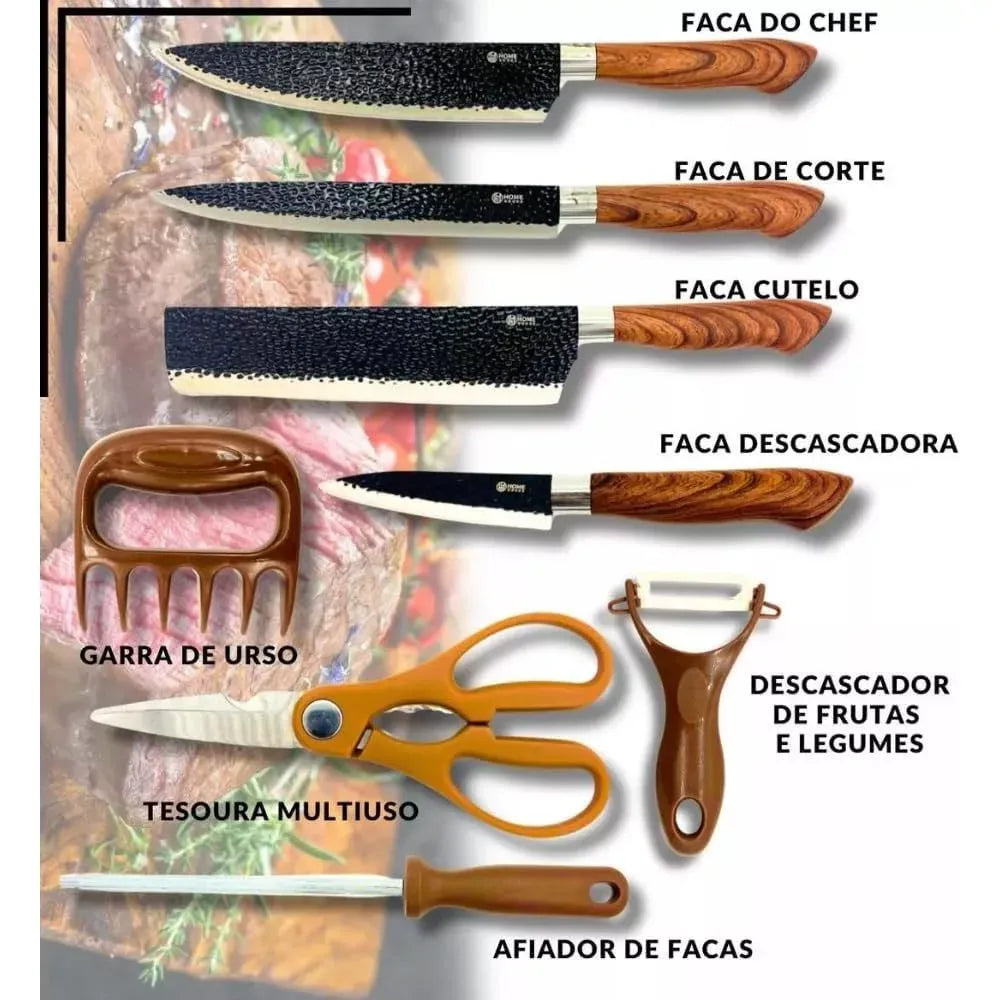 Conjunto de Facas ByteChef Churrasco 8 em 1 - Kit em Aço Inoxidável com Lâminas Afiadas e Design Ergonômico - Decora Byte