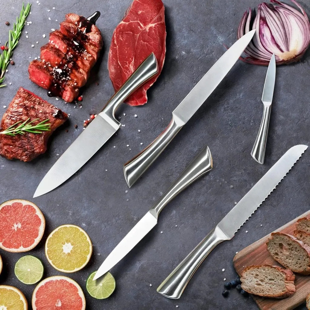 Kit 5 Facas Profissionais de Aço Inoxidável + 1 Descascador – Jogo 6 Peças