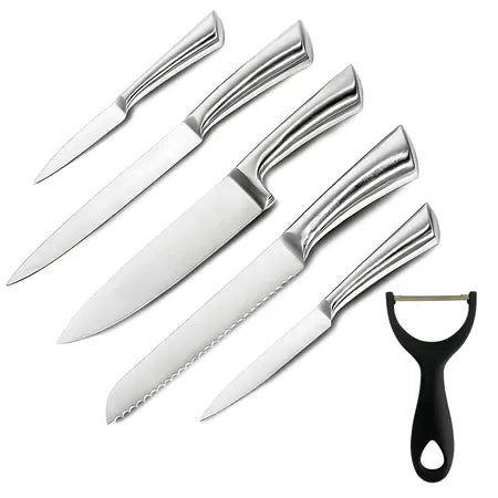 Kit com 5 facas profissionais em aço inoxidável e 1 descascador — conjunto 6 peças de cozinha Decora Byte