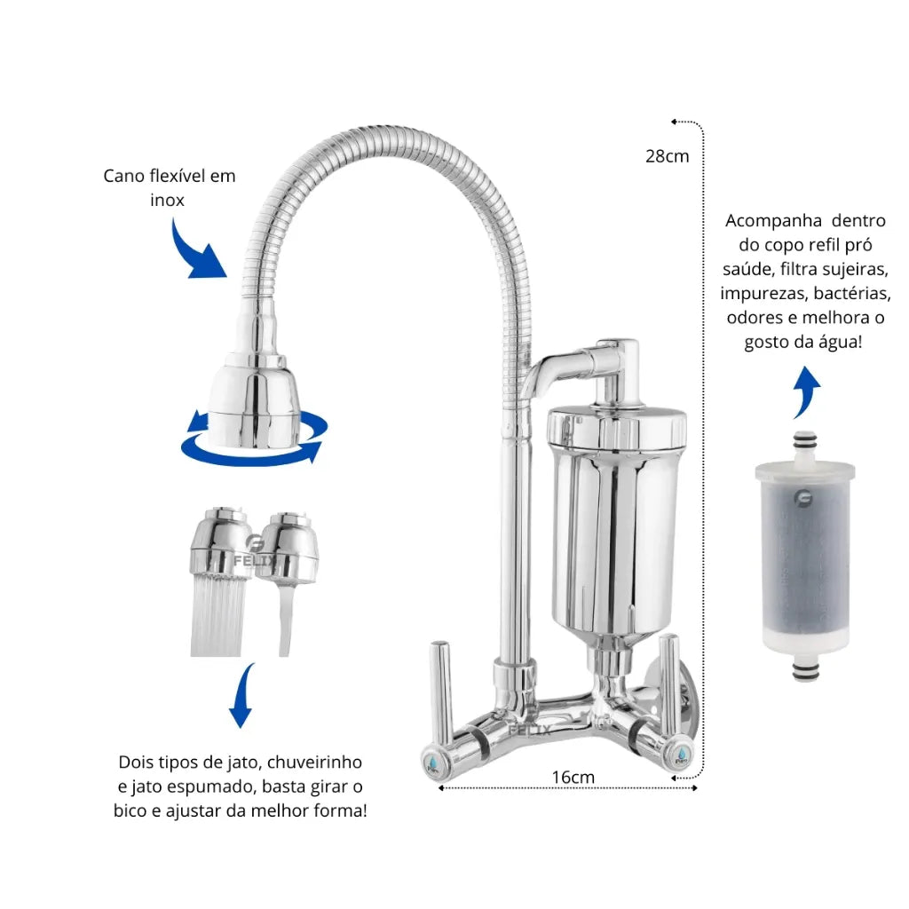 Torneira de Parede com Filtro e Cano Flexível – Água Pura e Praticidade na Cozinha