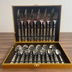 Faqueiro Inox Luxo com Detalhes Dourados — Kit 24 Peças com Maleta Elegante