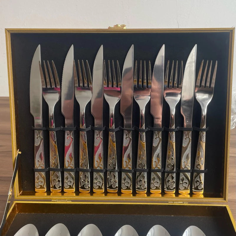Faqueiro Inox Luxo com Detalhes Dourados — Kit 24 Peças com Maleta Elegante