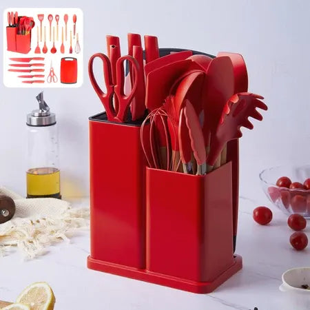 Kit Utensílios de Cozinha Silicone 19 Peças com Facas