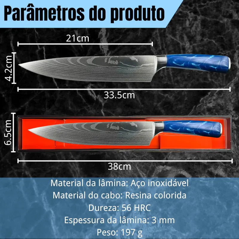 Faca Profissional Damasco Azul™ – Corte Preciso com Estilo