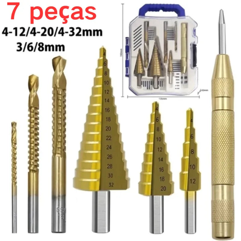 Kit com Brocas Escalonadas de Titanium 7 em 1 – Brocas Profissionais para Metal, Madeira e PVC
