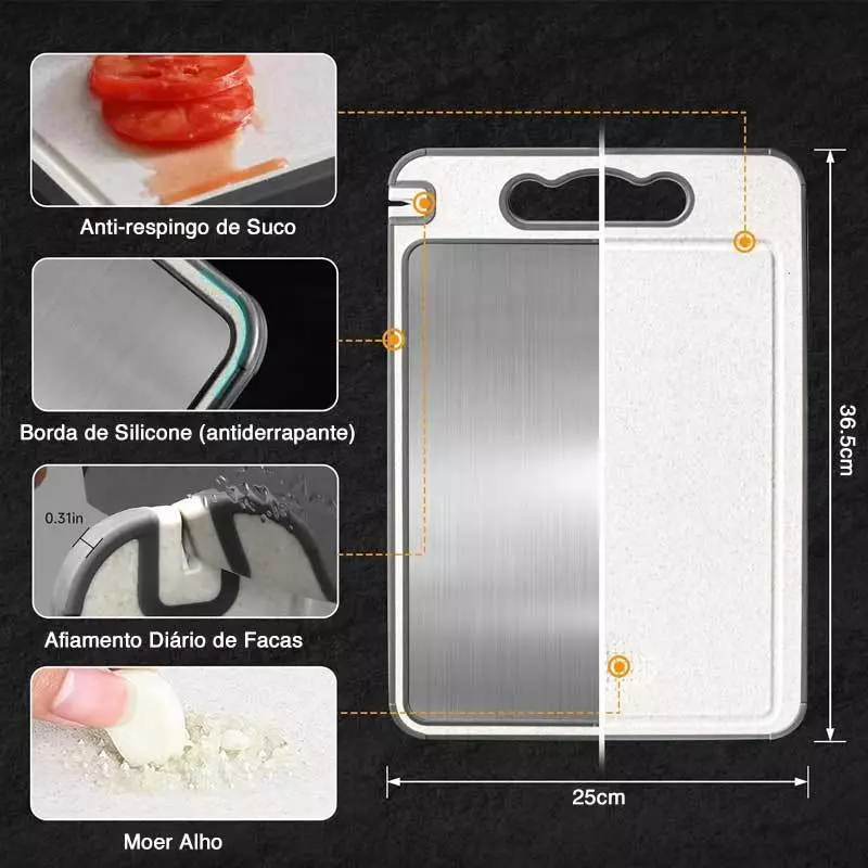 Tábua Antibacteriana Inox com Afiador Dupla Face