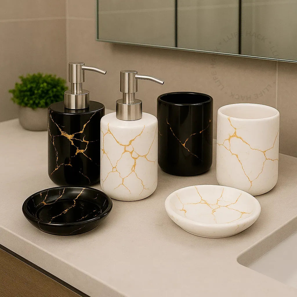 Kit de Acessórios em Cerâmica Marmorizada para Banheiro e Lavabo