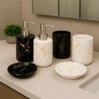 Kit de Acessórios em Cerâmica Marmorizada para Banheiro e Lavabo