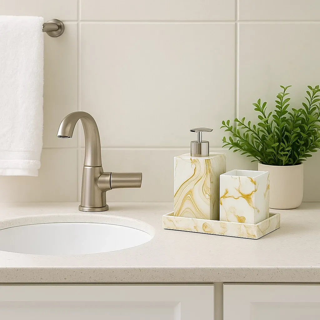 Kit Lavabo Mármore Luxo com Bandeja e Dispensador em Resina