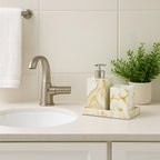 Kit Lavabo Mármore Luxo com Bandeja e Dispensador em Resina