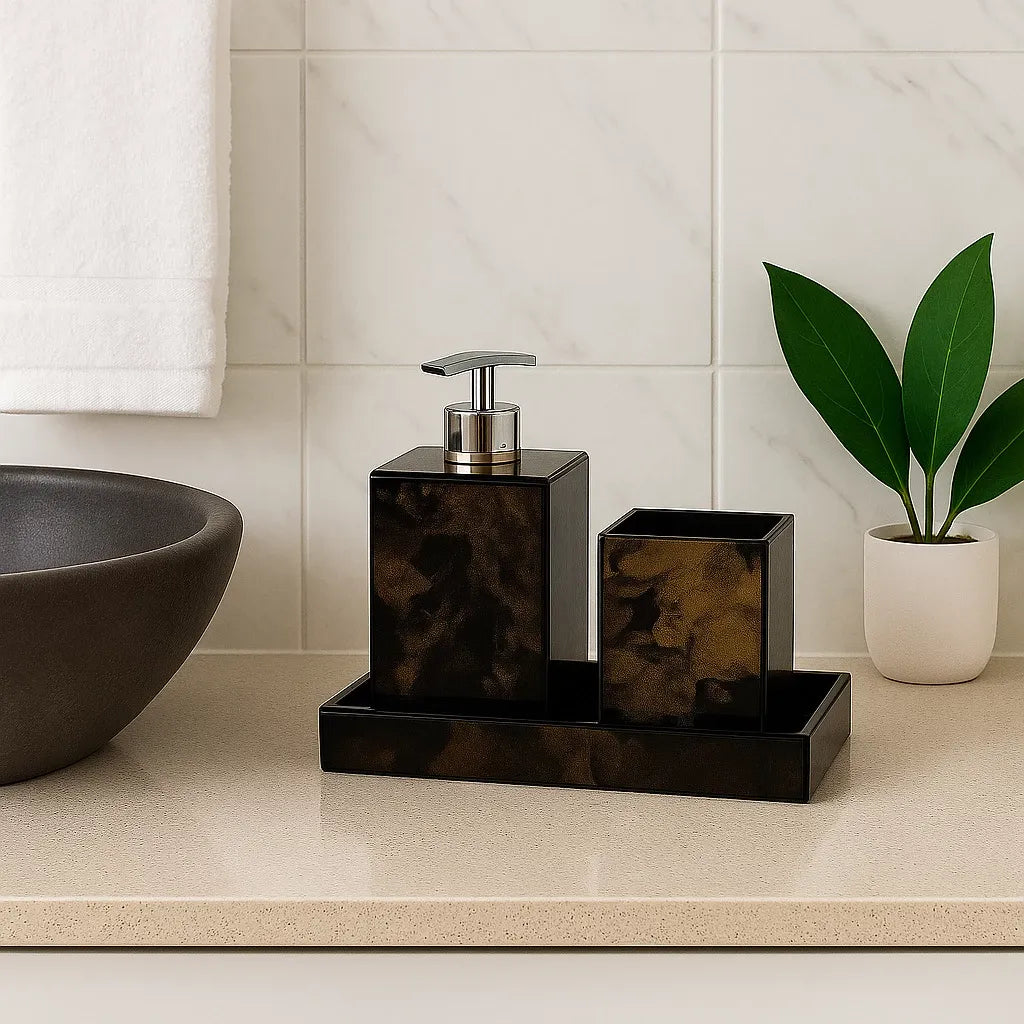 Kit Lavabo Mármore Luxo com Bandeja e Dispensador em Resina