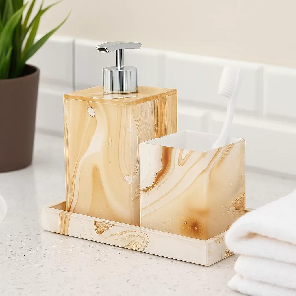 Kit Lavabo Mármore Luxo com Bandeja e Dispensador em Resina