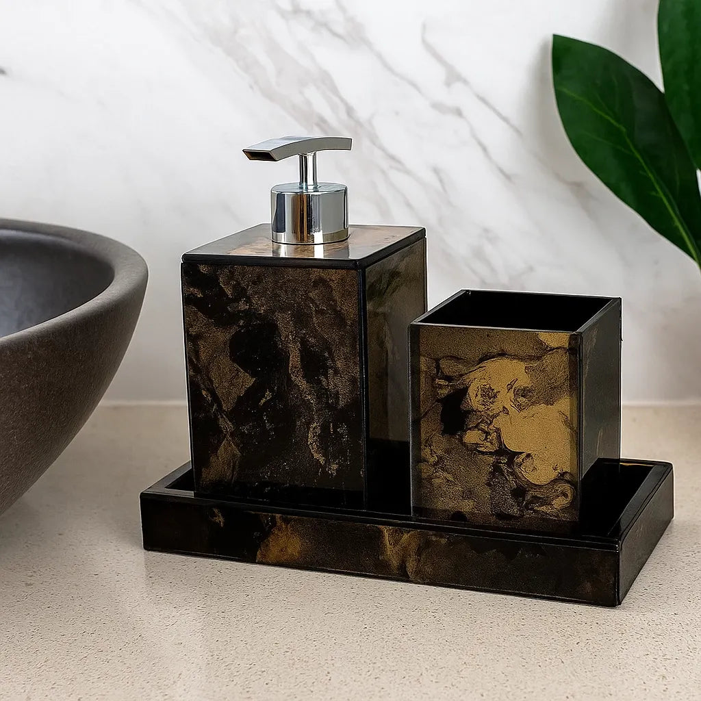 Kit Lavabo Mármore Luxo com Bandeja e Dispensador em Resina