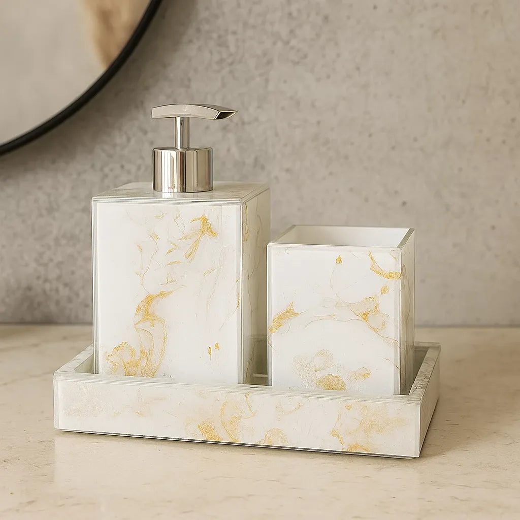 Kit Lavabo Mármore Luxo com dispensador, porta-escovas e bandeja decorativa em resina