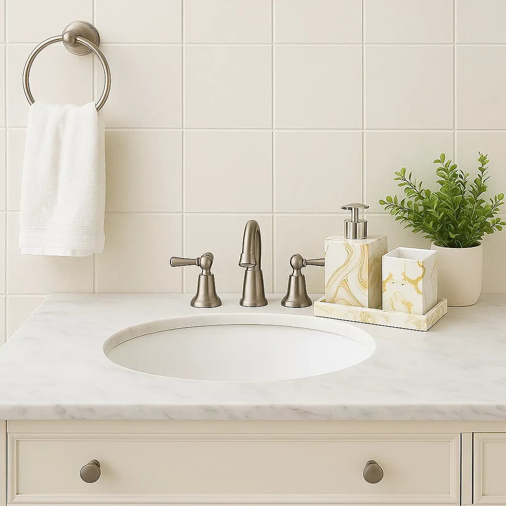 Kit Lavabo Mármore Luxo com Bandeja e Dispensador em Resina