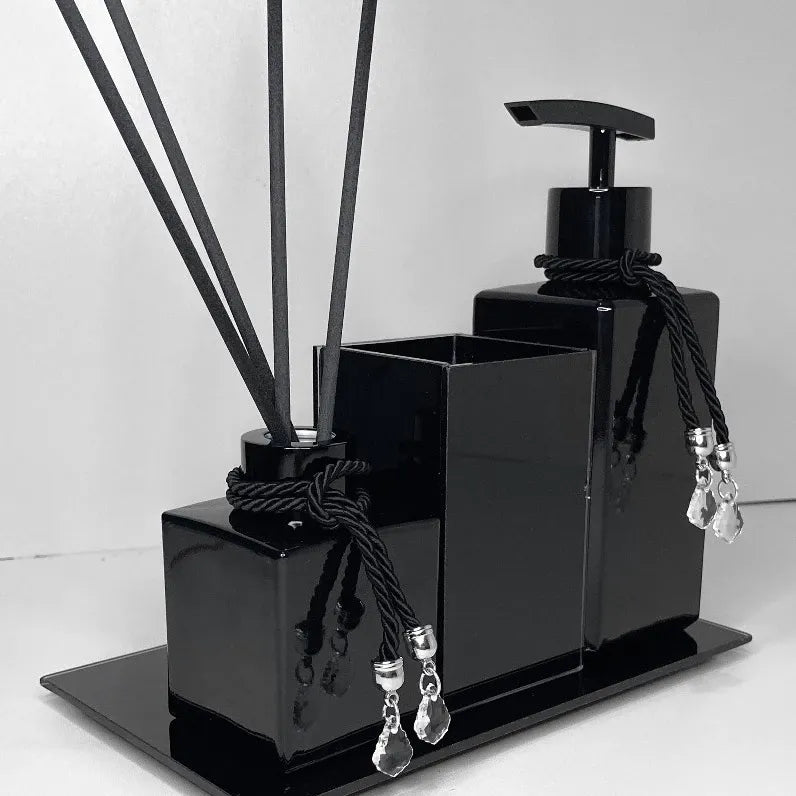 Kit Lavabo Preto Luxo com Aromatizador e Bandeja em Vidro