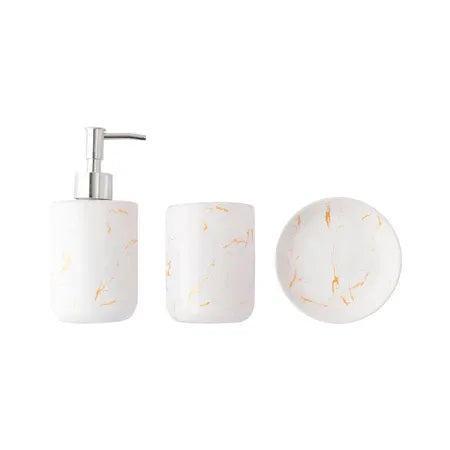 Kit de Acessórios em Cerâmica Marmorizada para Banheiro e Lavabo