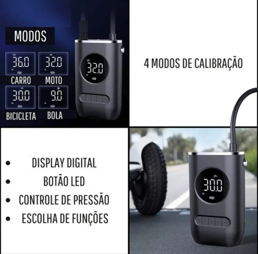 Mini Bomba de Ar Portátil para Carros - Compacta, Recarregável e com Display Digital para Pressão Precisa - Decora Byte