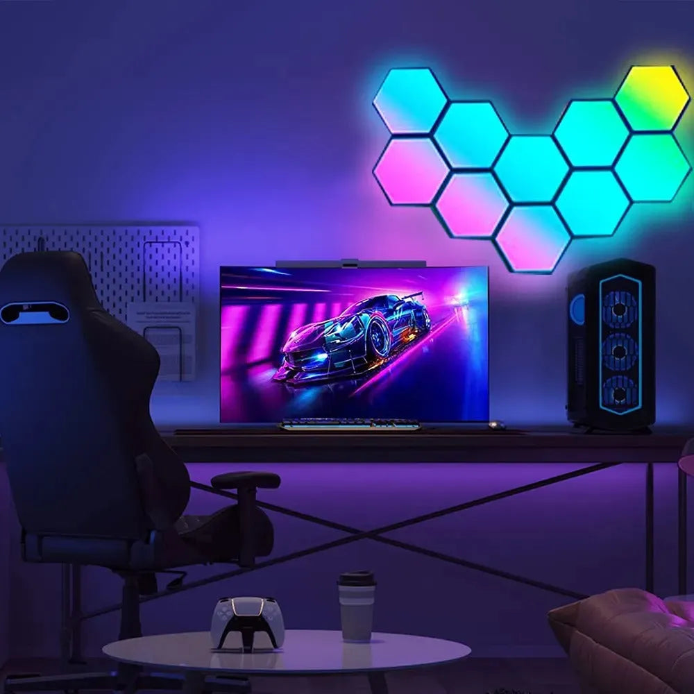 Luminária Hexagonal LED de Parede RGB - Iluminação Personalizável com 13 Cores e Controle Remoto ou Touch - Decora Byte