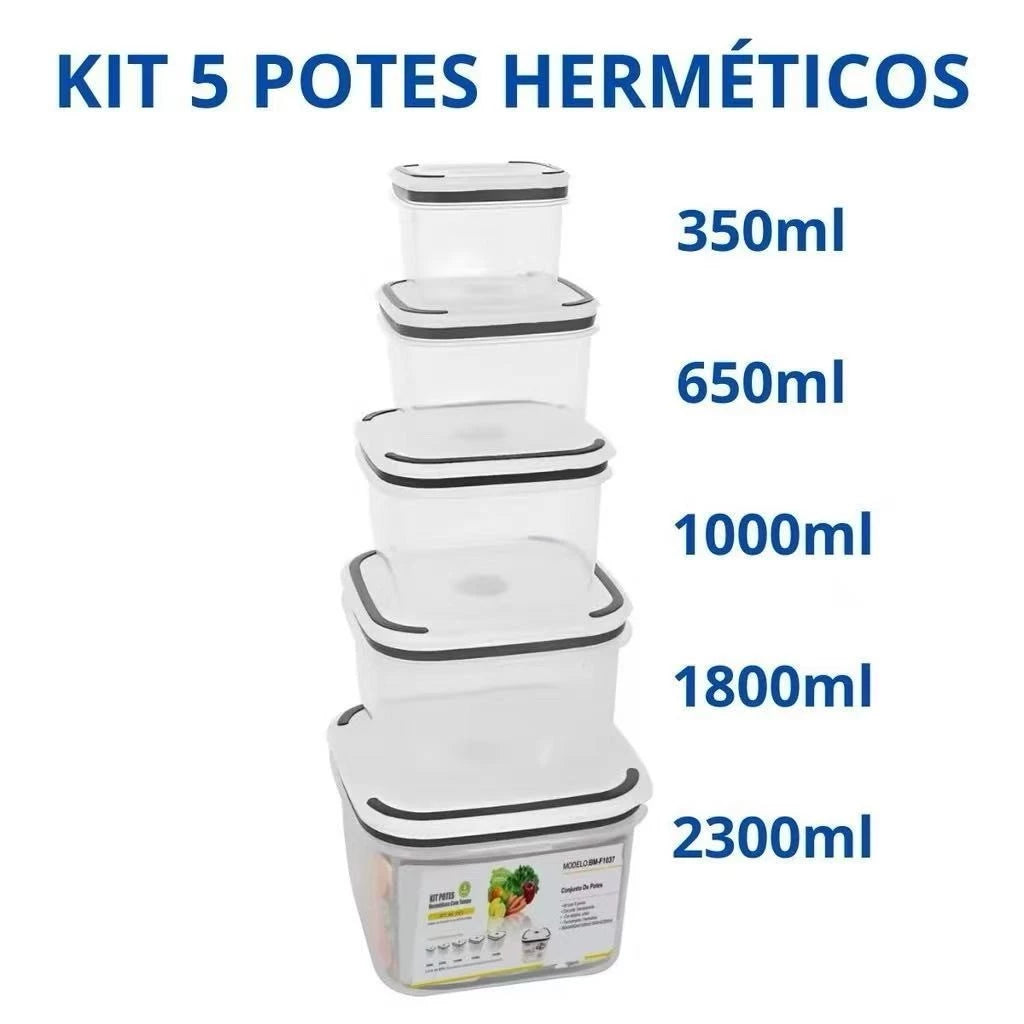 Kit de 5 Potes Herméticos com Vedação a Vácuo – Organização e Frescor Garantidos!