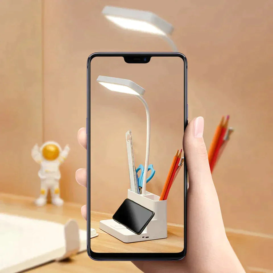Luminária de Mesa Recarregável para Estudos em LED - Luz Ajustável, Porta USB e Design com Porta-Canetas - Decora Byte