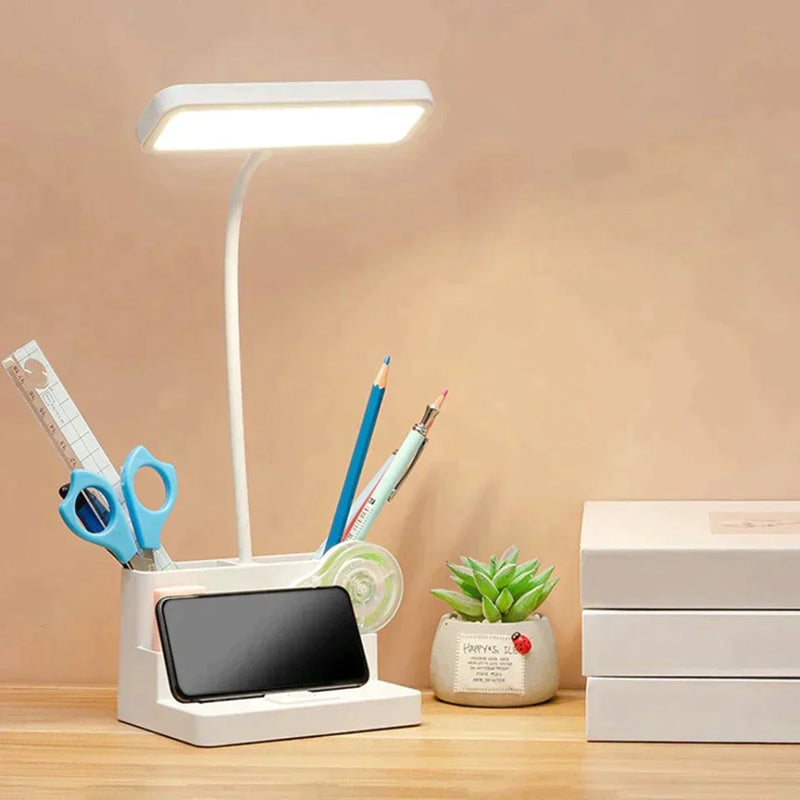 Luminária de Mesa Recarregável para Estudos em LED - Luz Ajustável, Porta USB e Design com Porta-Canetas - Decora Byte